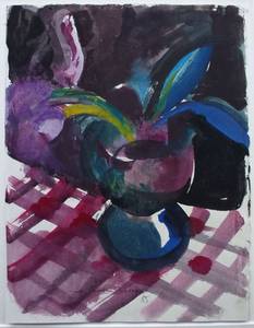 Müller-Linow, Vase auf karierter Decke, Aquarell, 1985, 36x27 cm