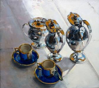 Silber und Tassen, Öl auf Leinwand, 2013, Format: 45 x 50 cm