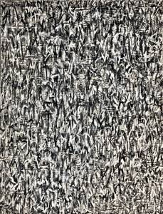 Etzel Klomsdorff, o. T. (skripturale/schwarz-weiß), Öl/Hartfaserplatte, 1960, 83 x 63 cm
