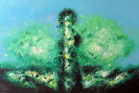 Landschaft und Figur, Öl/Lwd., 2016, 100x170 cm