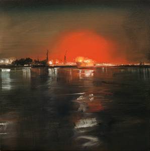 Hamburger Hafen mit rotem Licht, Öl/ Leinwand, 2015, 40 x 40 cm