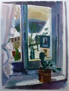 Müller-Linow, Kaktus am Fenster, 1986, 76x56 cm