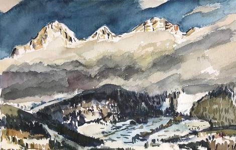 Dachstein hinter Wolken, Aquarell, 2019, 40x60 cm